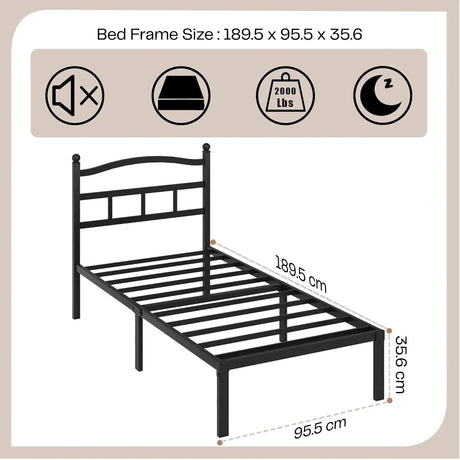 Black metal bed frame with headboard, size 189.5x95.5x35.6 cm, available on HOCC UAE.