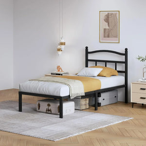 Modern bedroom with black metal bed frame, mustard bedding, nightstand, and pendant lights
