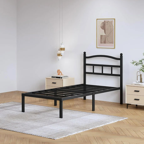 Modern black metal bed frame in a minimalist bedroom with wood floor, bedside tables, and wall art from HOCC online shopping UAE.