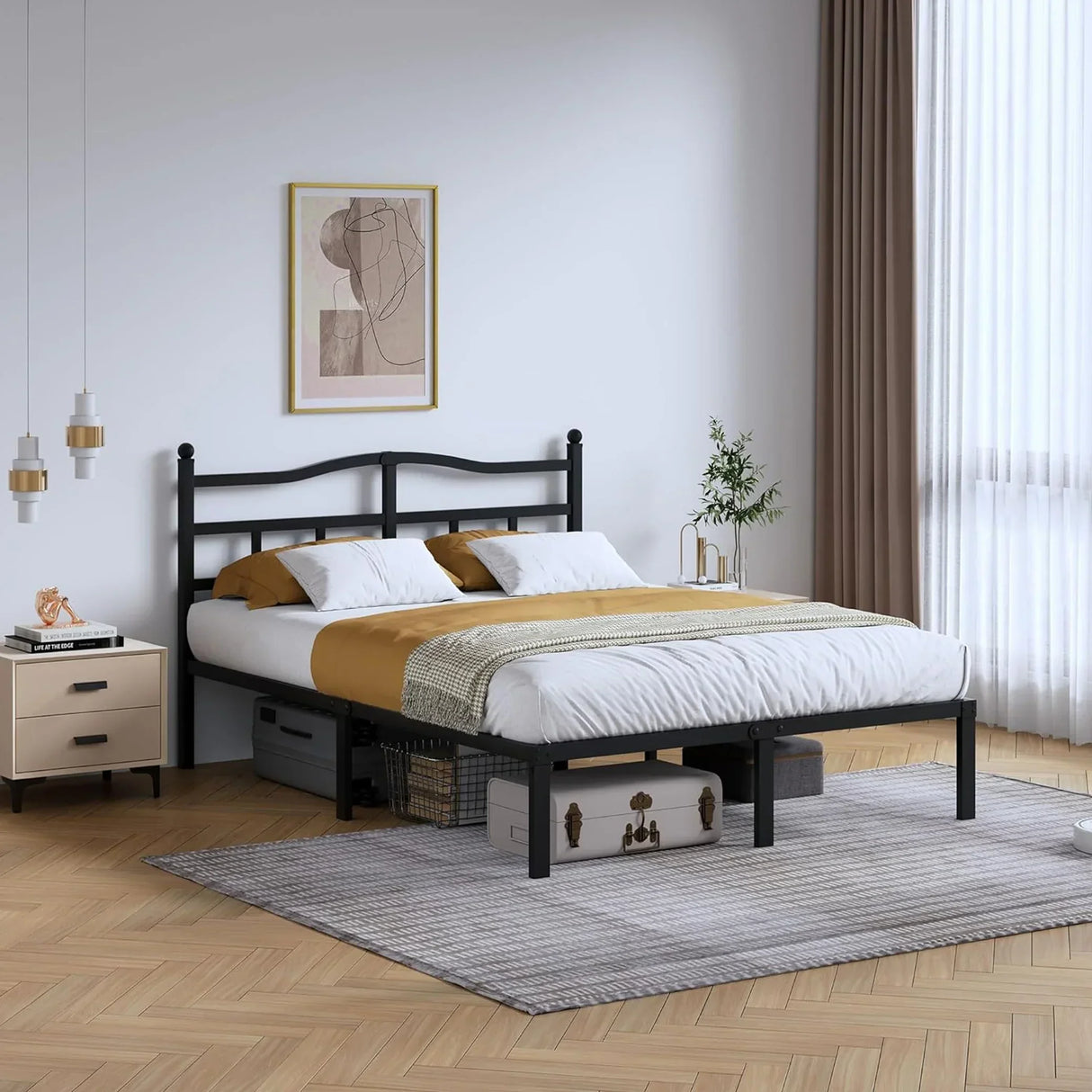 Modern bedroom with black metal bed frame, neutral bedding, and stylish home decor from HOCC UAE