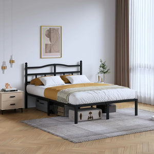 Modern bedroom with black metal bed frame, neutral bedding, and stylish home decor from HOCC UAE