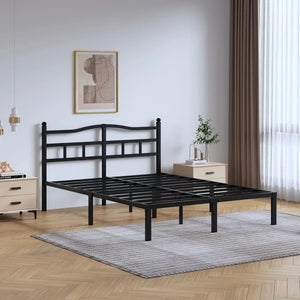 Black metal bed frame in modern bedroom with art, nightstands, and light wood flooring