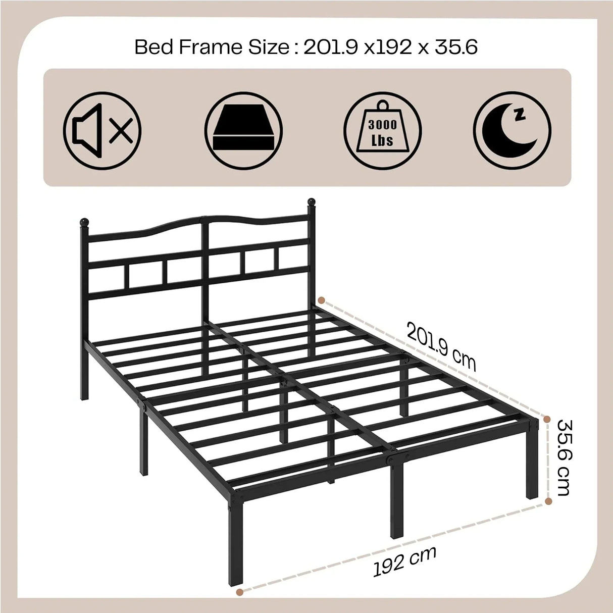 Black metal bed frame with dimensions 201.9 x 192 x 35.6 cm, sturdy and noise-free, available on HOCC UAE.