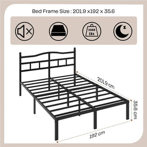 Black metal bed frame with dimensions 201.9 x 192 x 35.6 cm, sturdy and noise-free, available on HOCC UAE.