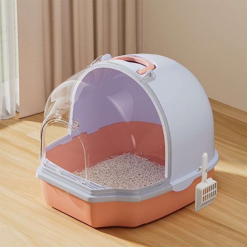  HOCC Cat Sandbox, Dome-shaped, Clear, Large, Wide, Cute, Includes Scoop, Stylish, Sand Splattering, Antibacterial, Odor-Resistant, Clean, Spacious, Easy to Clean, Popular, Compact, Washable, Pink, 19.7 x 16.5 x 15.7 inches (50 x 42 x 40 cm) - Buy HOCC Ca