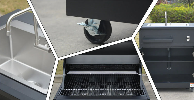 Outdoor kitchen unit with stainless steel sink, storage, and BBQ grill on caster wheels