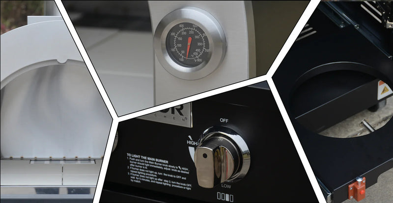 Close-up collage of outdoor kitchen appliances showing oven, temperature gauge, and control knobs