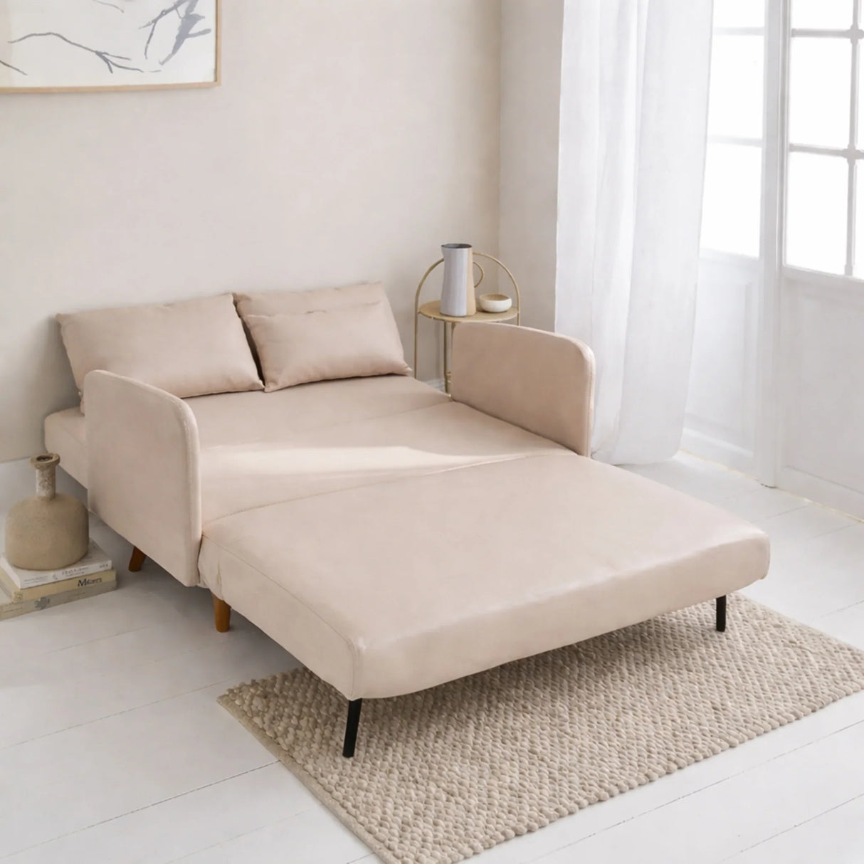 Beige convertible sofa bed in modern living room with soft natural light, home decor UAE