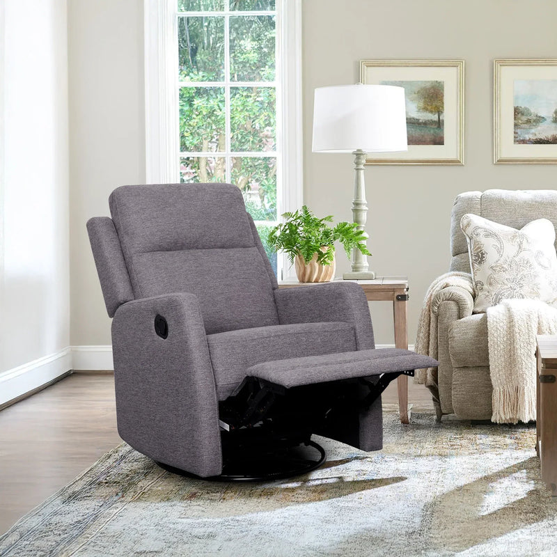 Grey fabric recliner chair with footrest in a bright living room
