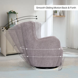 Modern grey glider armchair with smooth back and forth motion in a bright living room, HOCC UAE