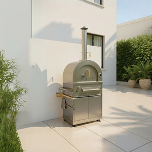 Stainless steel outdoor pizza oven with chimney on modern patio by white building