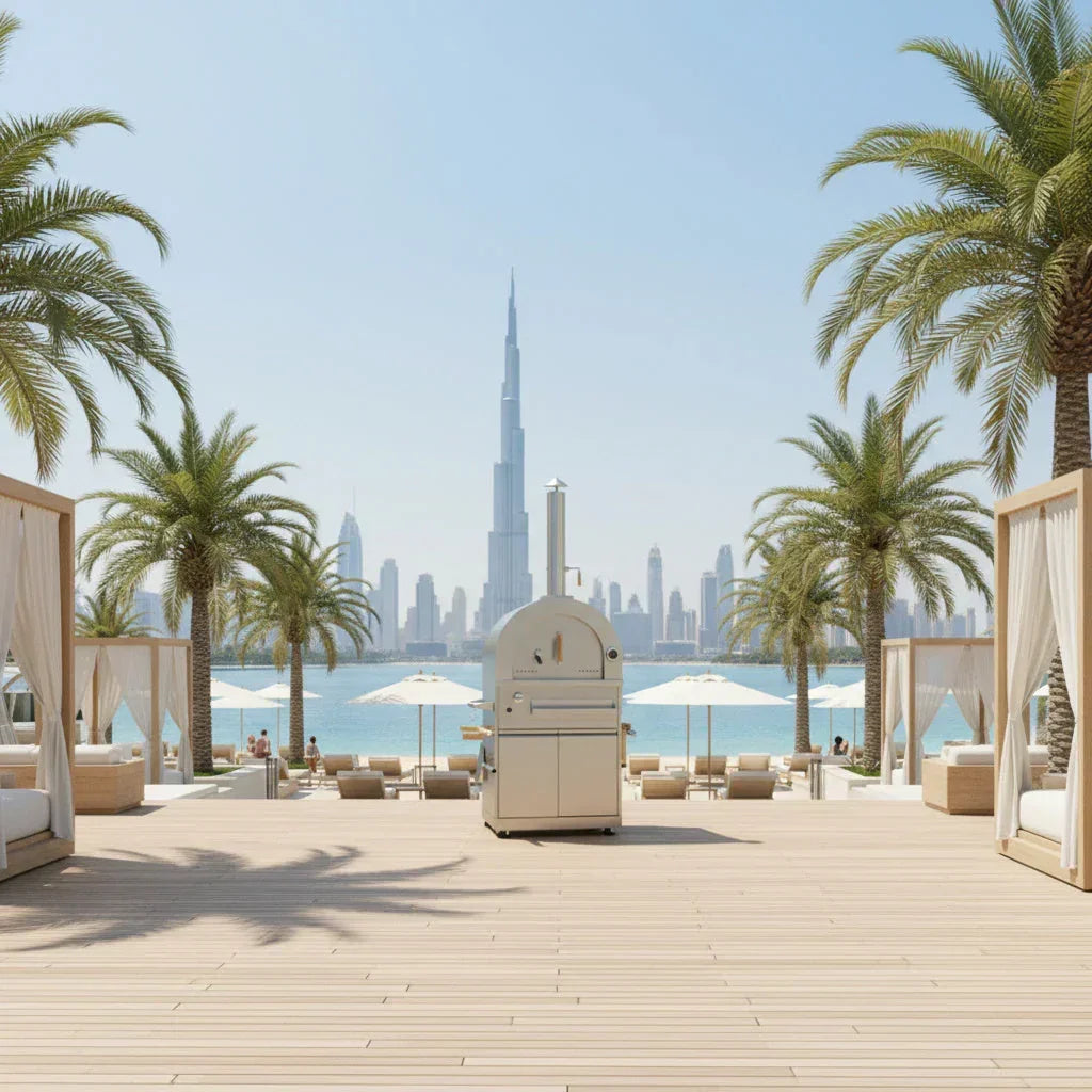 Outdoor dual fuel pizza oven on a sunny wooden deck with palm trees and city skyline view