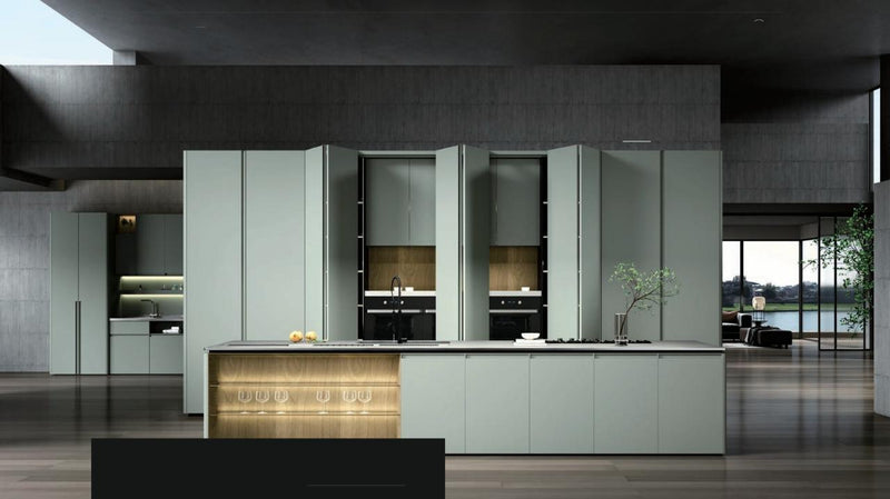Modern minimalist kitchen with matte cabinets, island, built-in appliances, and large windows