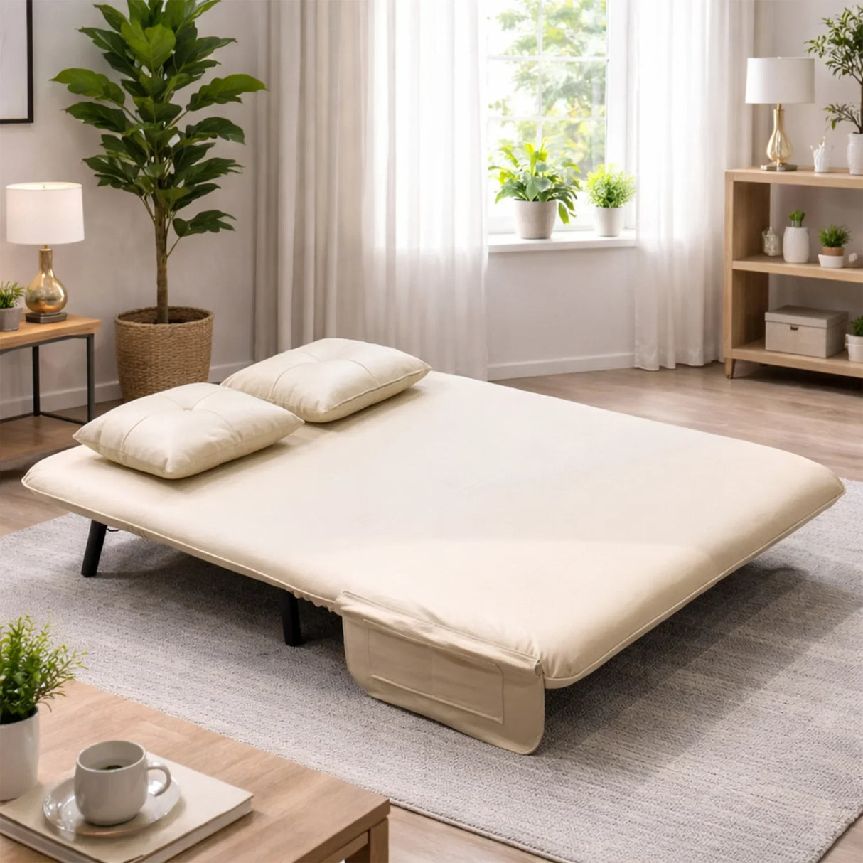 Modern beige two-seater sofa bed with pillows in a bright living room, HOCC UAE home decor