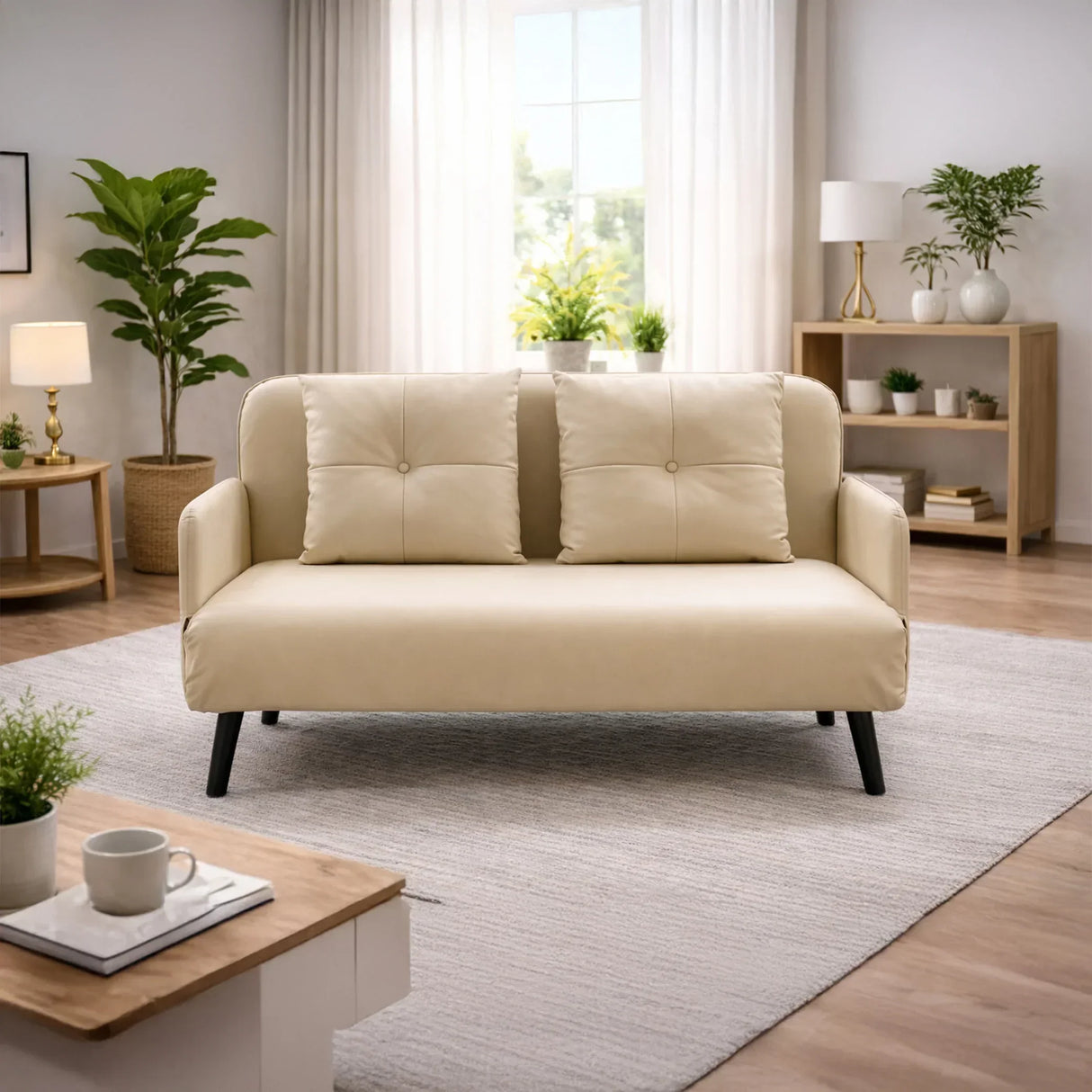 Modern beige two-seater sofa in stylish living room with plants and decor from HOCC UAE