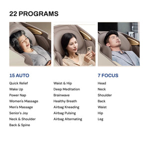 22 massage programs: 15 auto and 7 focus