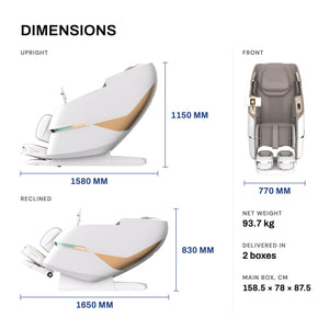 Royal Magestic Pro Max dimensions: upright 1580 x 1150 mm, reclined 1650 x 830 mm, width 770 mm, net weight 93.7 kg