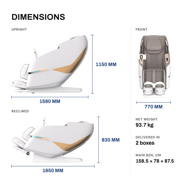 Royal Magestic Pro Max dimensions: upright 1580 x 1150 mm, reclined 1650 x 830 mm, width 770 mm, net weight 93.7 kg