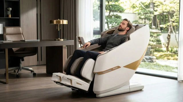 Man relaxing in the Royal Magestic Pro Max massage chair at home