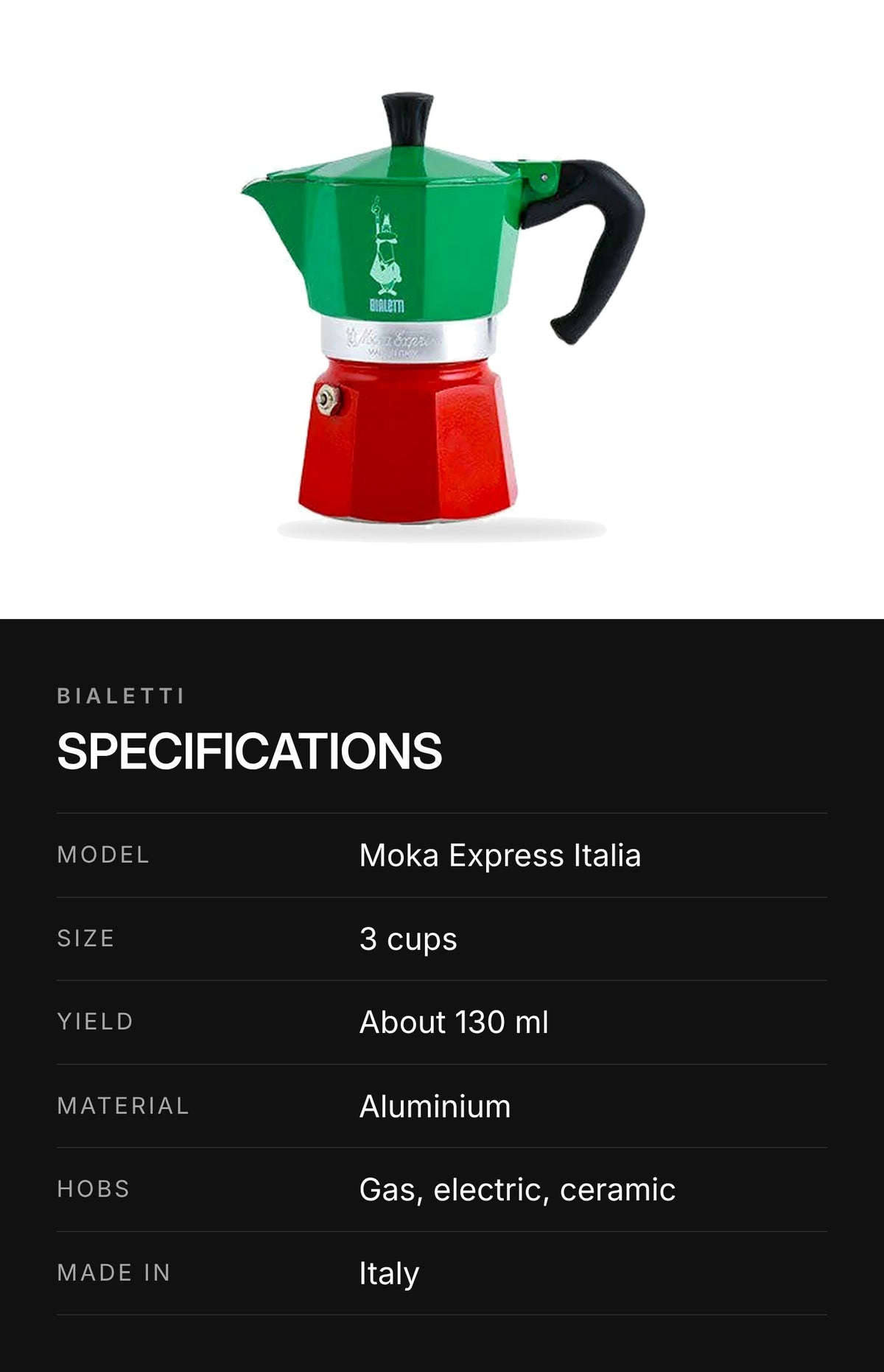 Bialetti Moka Express Italia 3-Cup – highlights: specs