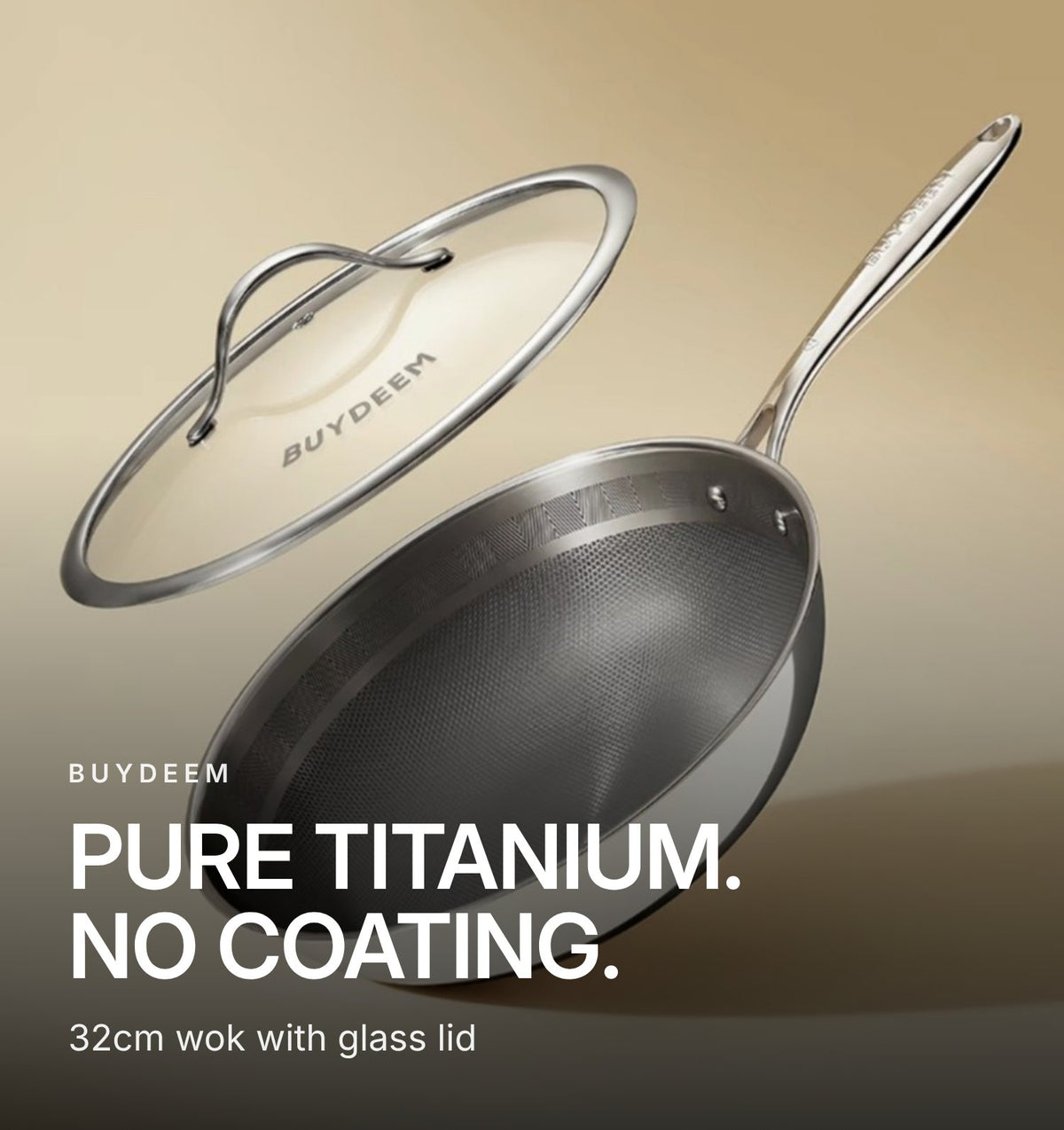 BUYDEEM 32cm Pure Titanium Wok with Glass Lid