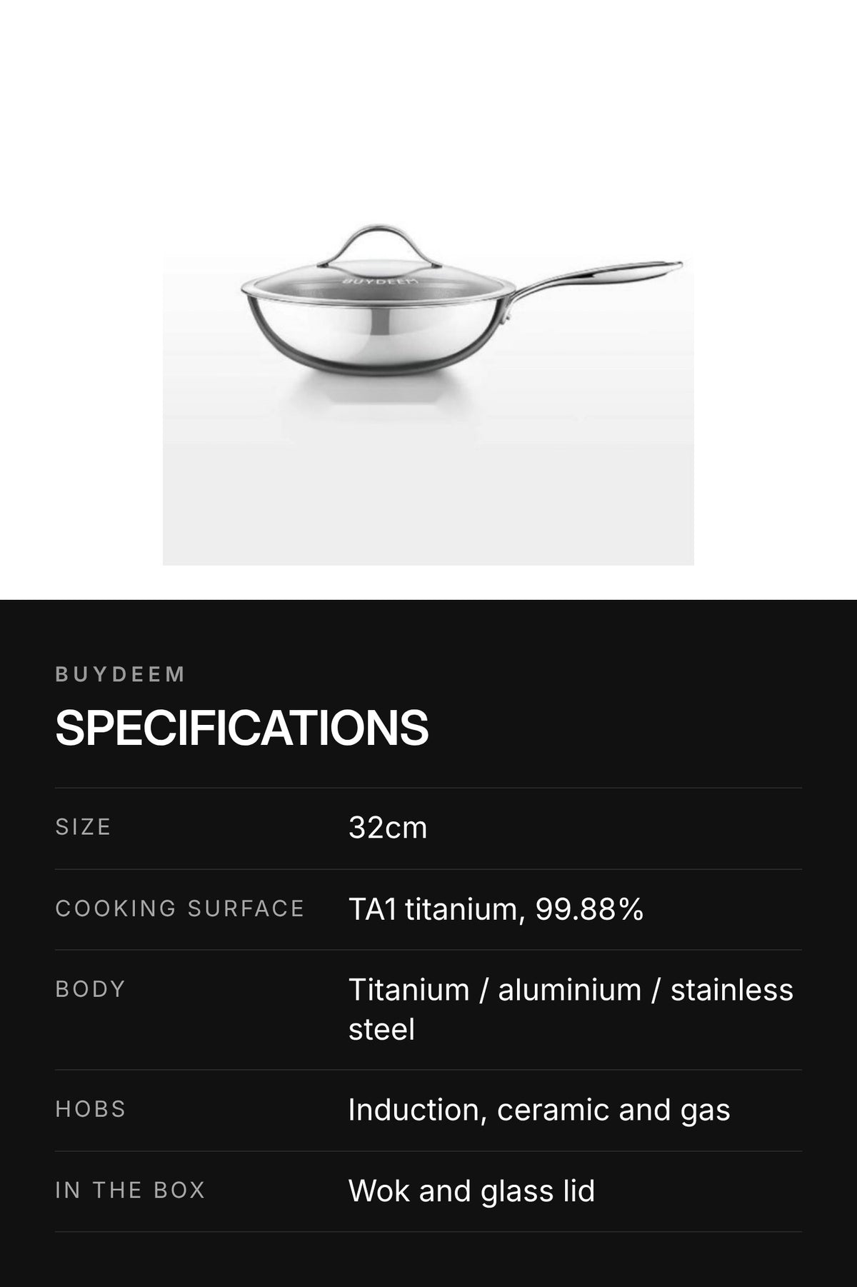BUYDEEM 32cm Pure Titanium Wok with Glass Lid