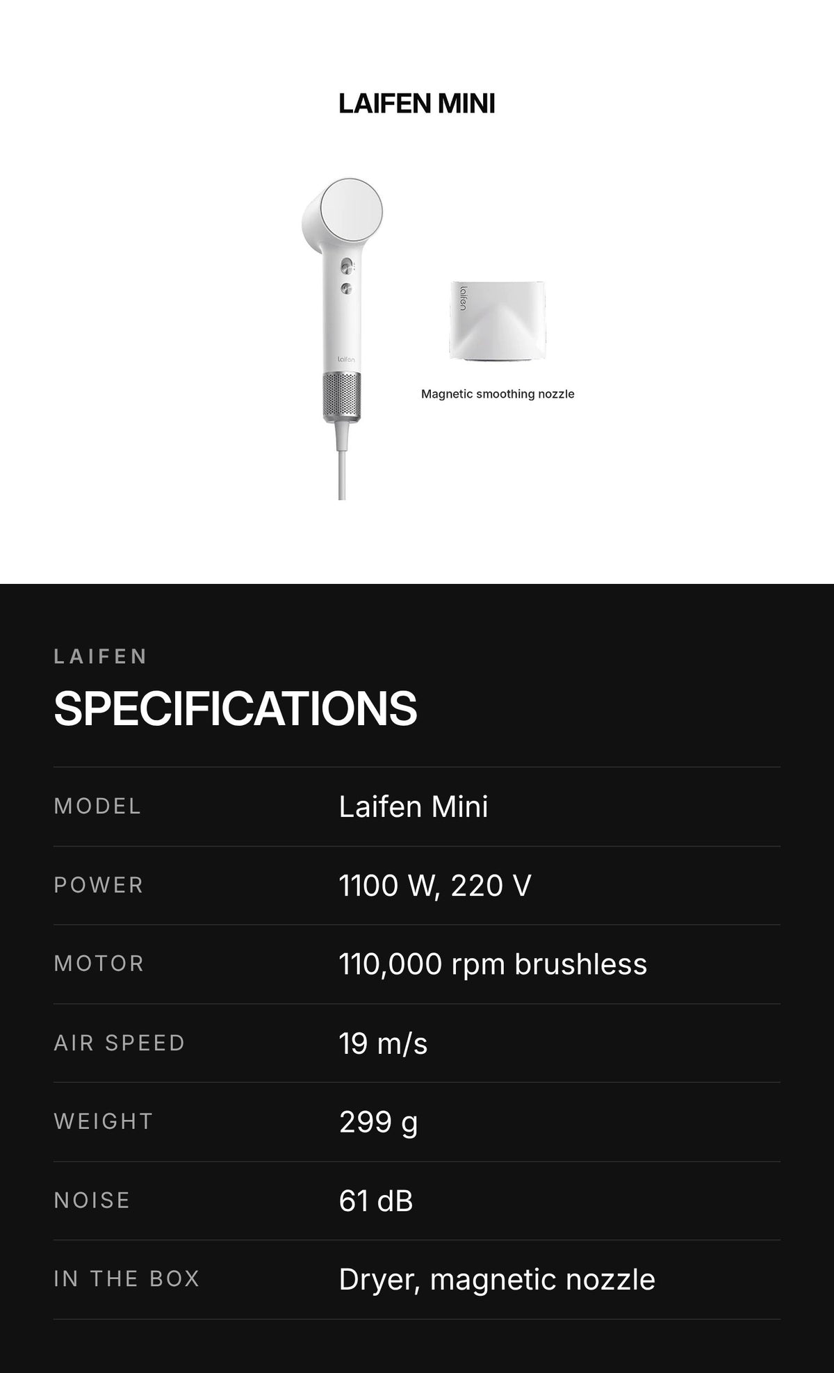 Laifen Mini High-Speed Hair Dryer – highlights: specs
