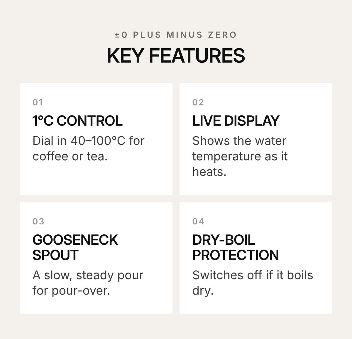 ±0 PLUS MINUS ZERO CKY-H110 Pour-Over Kettle – Black – highlights: features