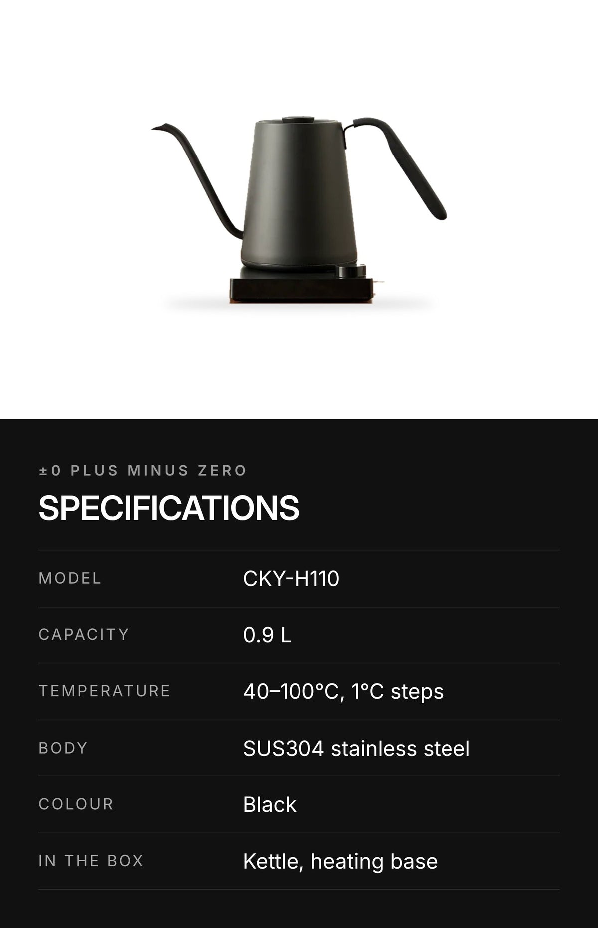 ±0 PLUS MINUS ZERO CKY-H110 Pour-Over Kettle – Black – highlights: specs