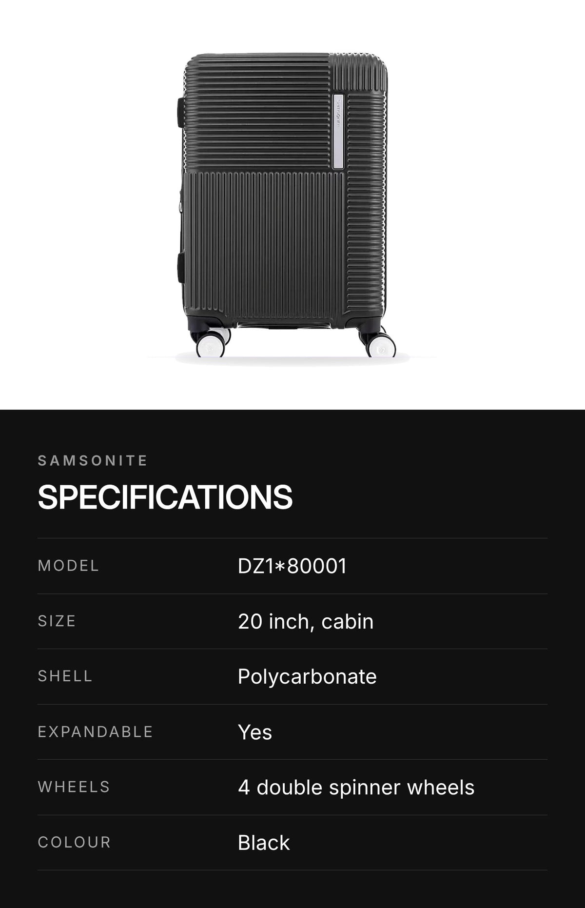 Samsonite DZ1 20-Inch Expandable Spinner Suitcase – Black – highlights: specs