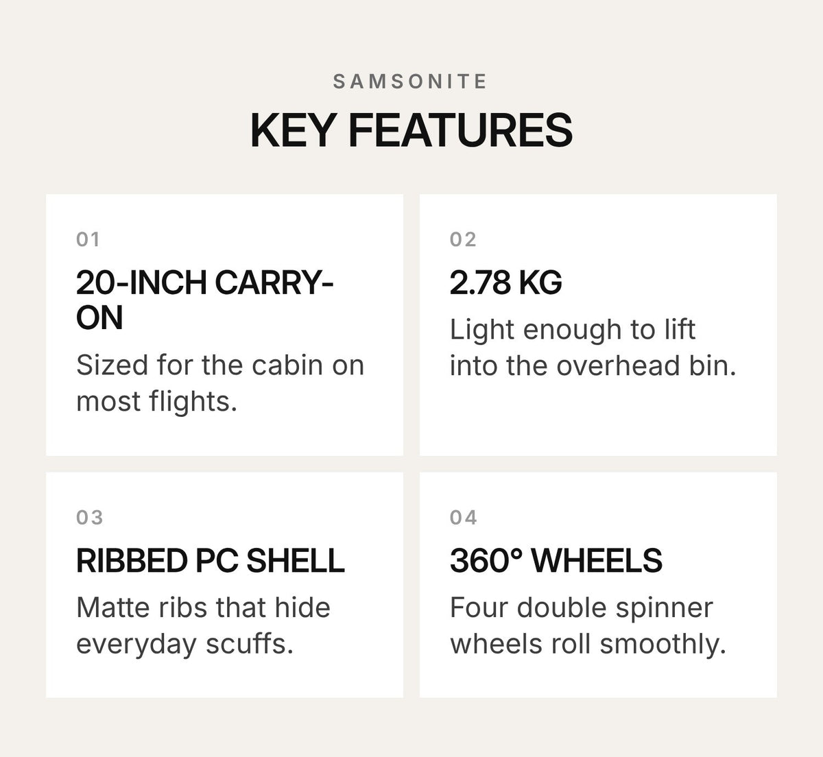 Samsonite QD3 20-Inch Spinner Suitcase – highlights: features