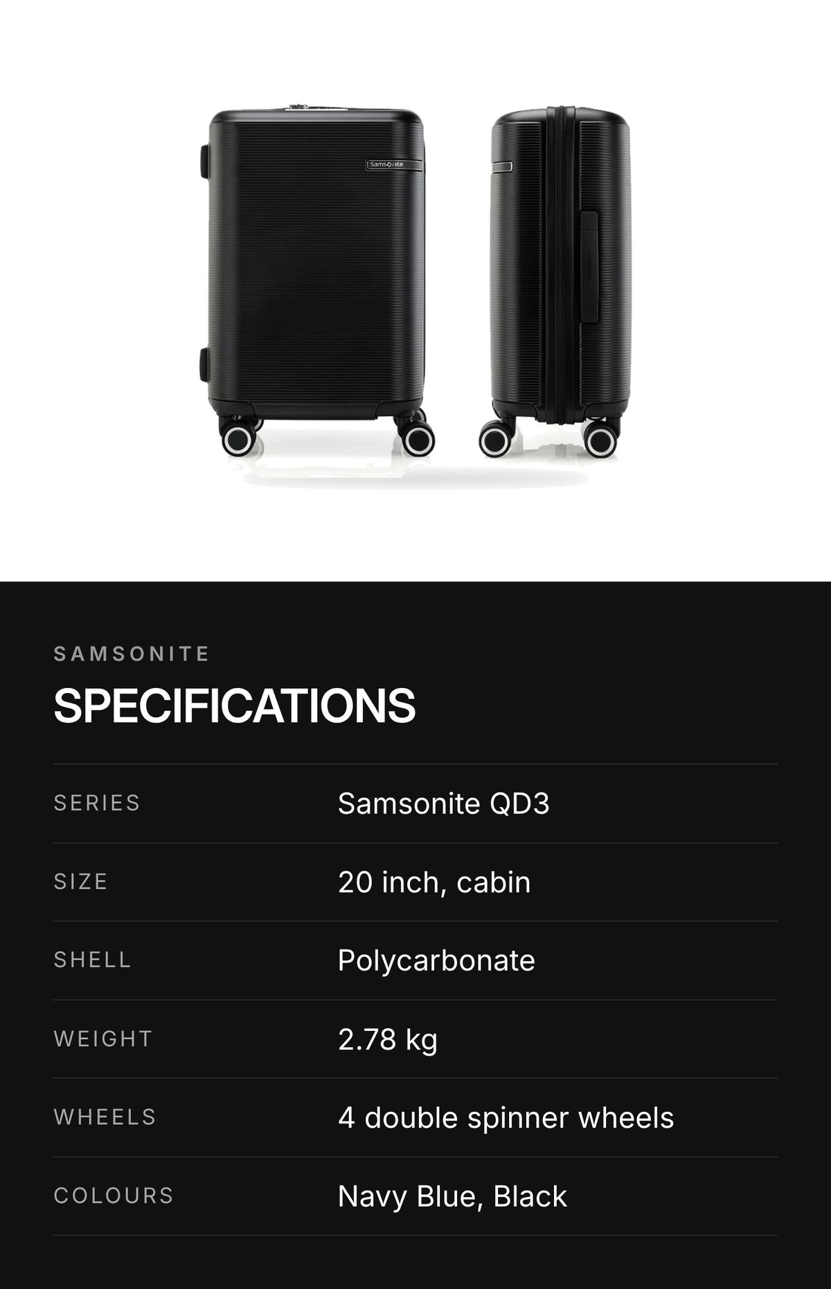 Samsonite QD3 20-Inch Spinner Suitcase – highlights: specs