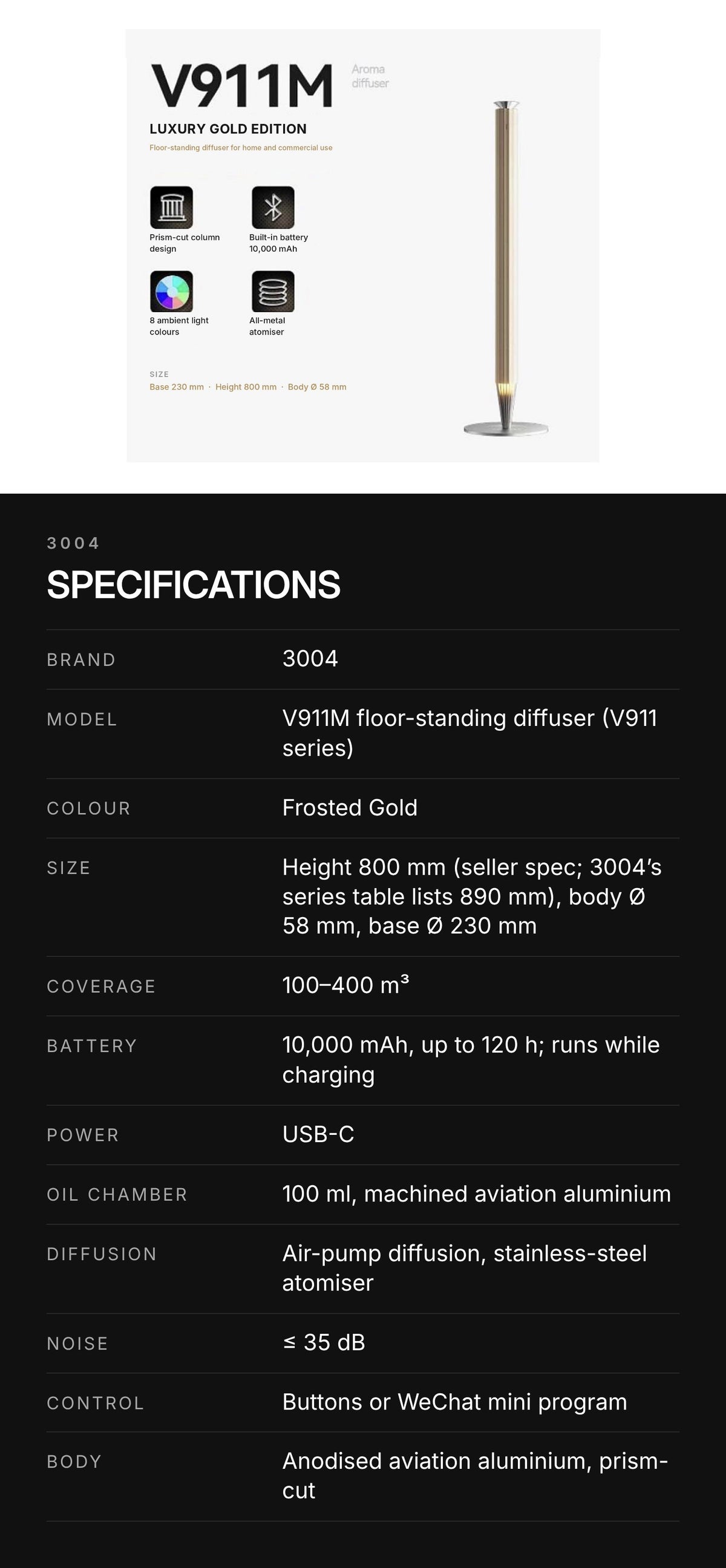 3004 V911M Floor-Standing Aroma Diffuser – Frosted Gold