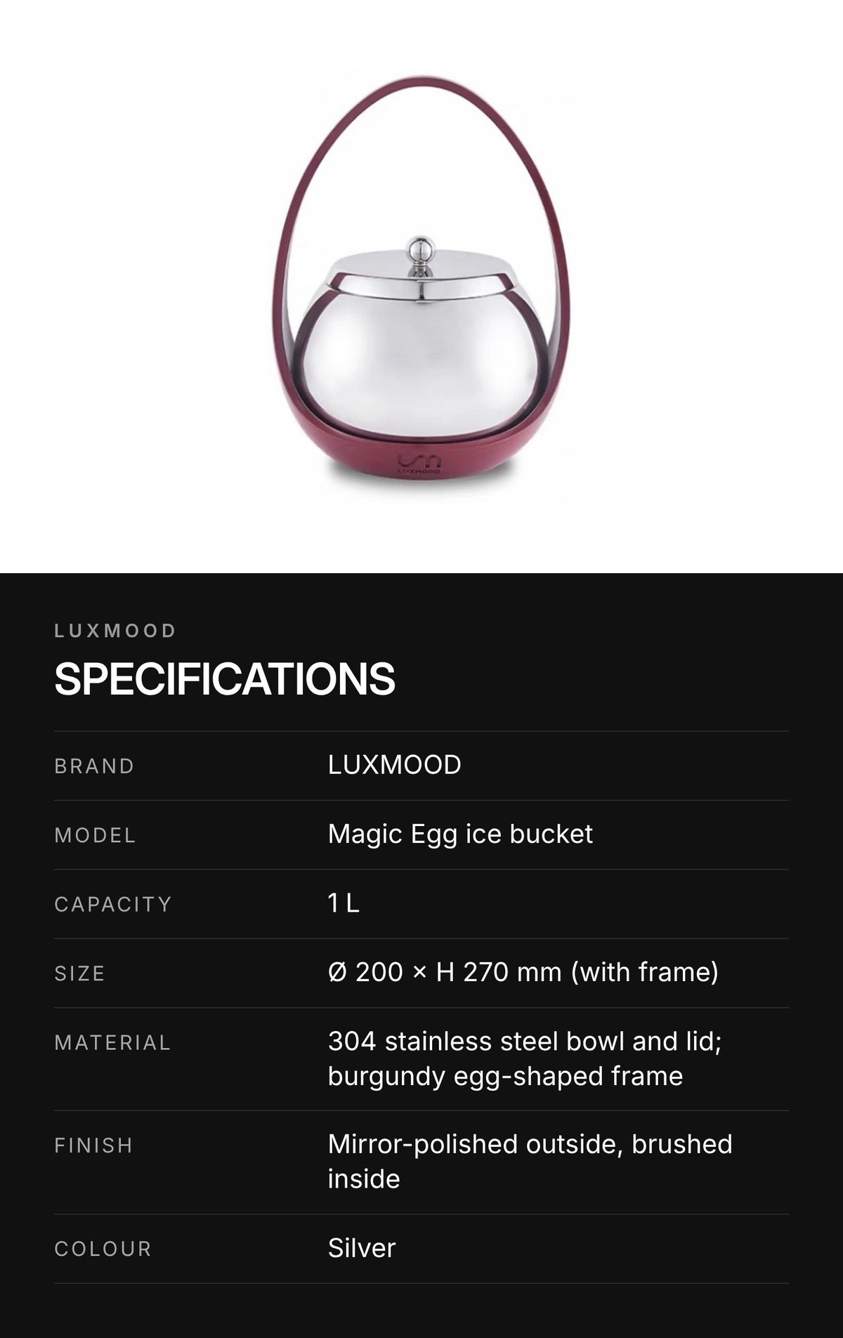 LUXMOOD Magic Egg Ice Bucket 1L – Silver