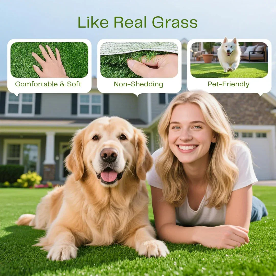Woman and golden retriever laying on artificial grass in front yard, showcasing pet-friendly, non-shedding turf from HOCC UAE.