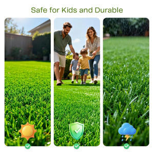Artificial grass lawn with family outdoors, icons for sun, shield, rain, safe for kids and durable