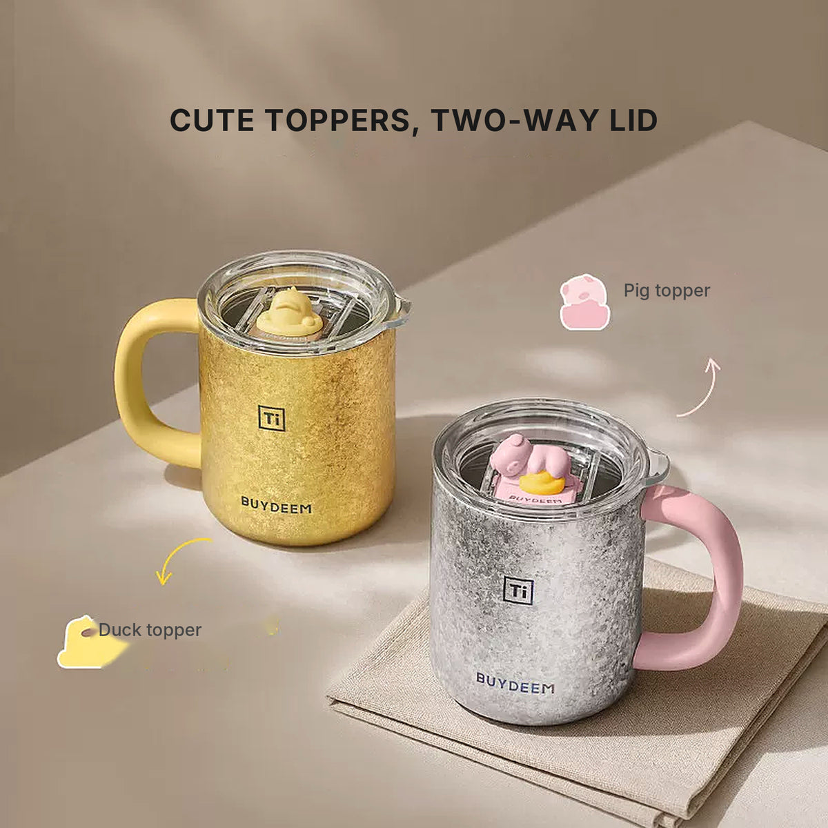 BUYDEEM T502 Pure Titanium Insulated Mug with Lid 430ml – both colours with toppers