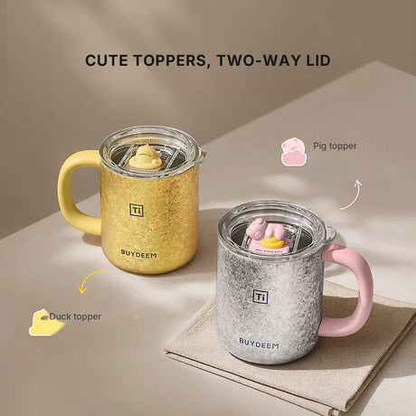BUYDEEM T502 Pure Titanium Insulated Mug with Lid 430ml – both colours with toppers
