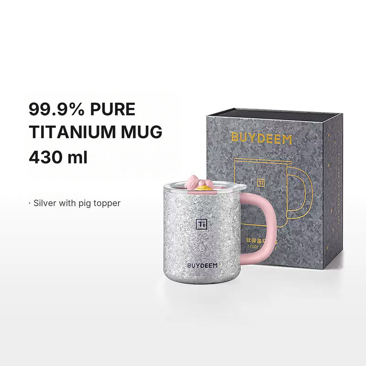 BUYDEEM T502 Pure Titanium Insulated Mug with Lid 430ml – Frost Silver with pig topper