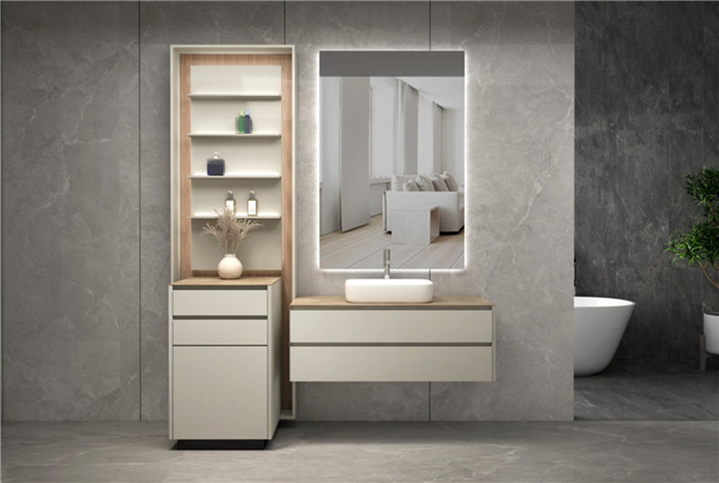 Modern bathroom vanity set with illuminated mirror, shelves, and vessel sink on gray marble wall