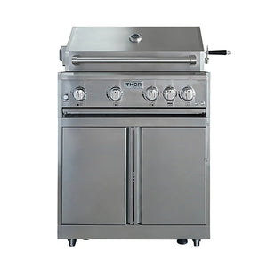 Stainless steel outdoor gas grill with four control knobs and double-door storage