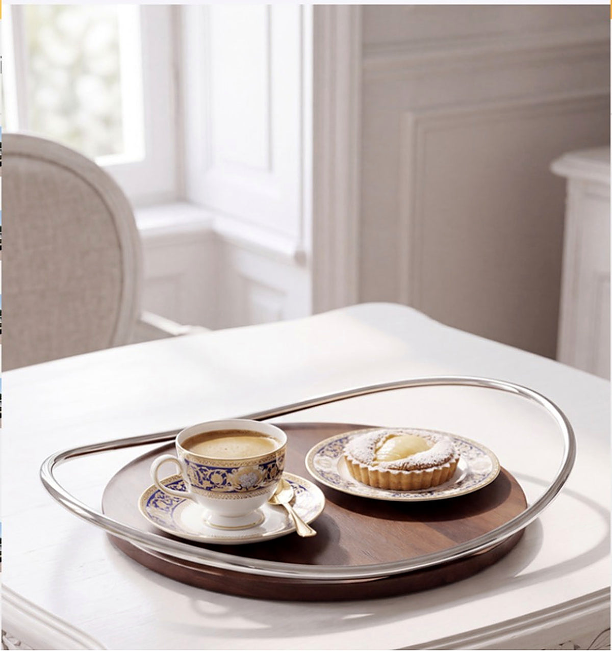 LUXMOOD Hygge Walnut & Stainless Steel Serving Tray – on a dining table