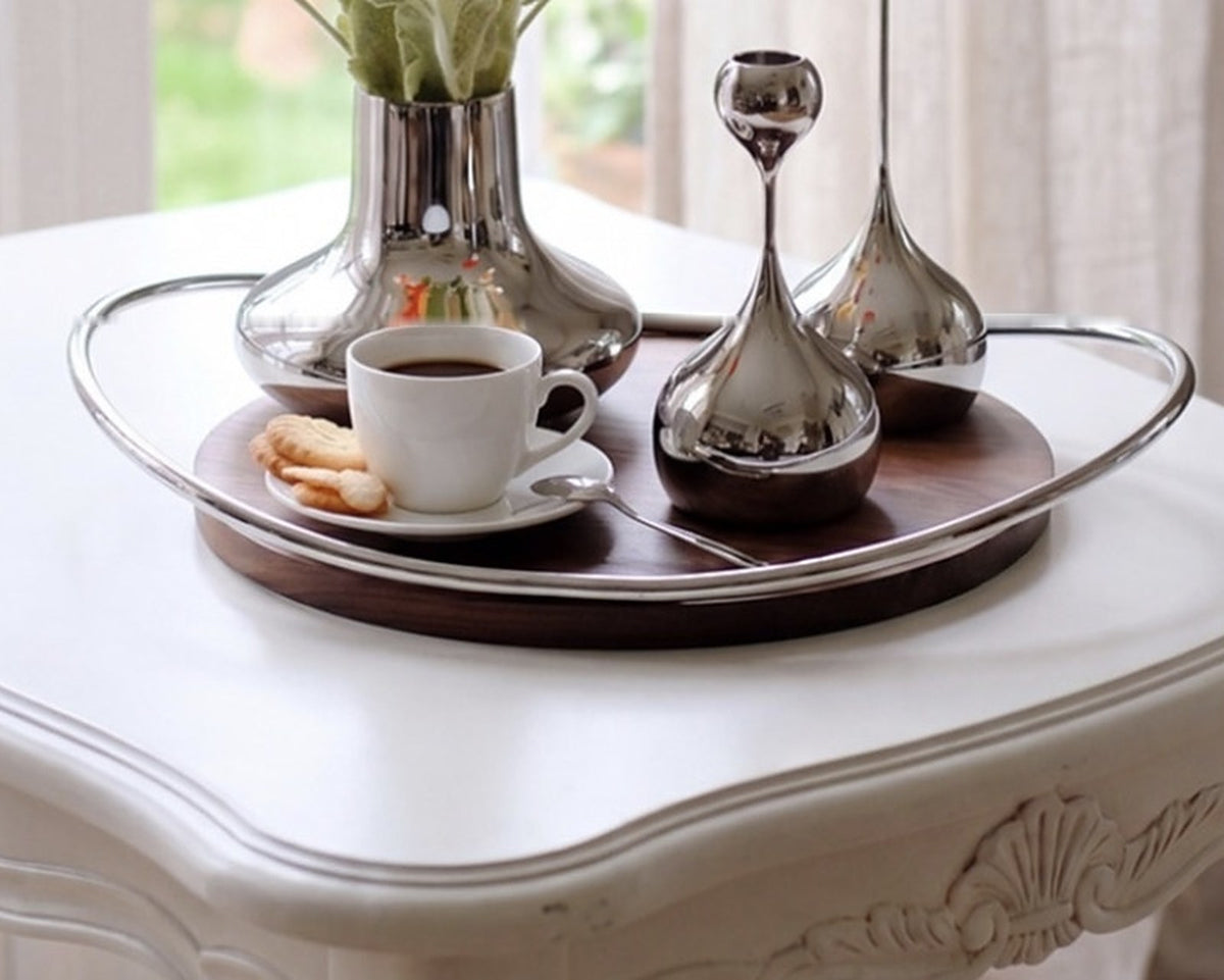 LUXMOOD Hygge Walnut & Stainless Steel Serving Tray – tray styled with a steel vase, candleholders and coffee
