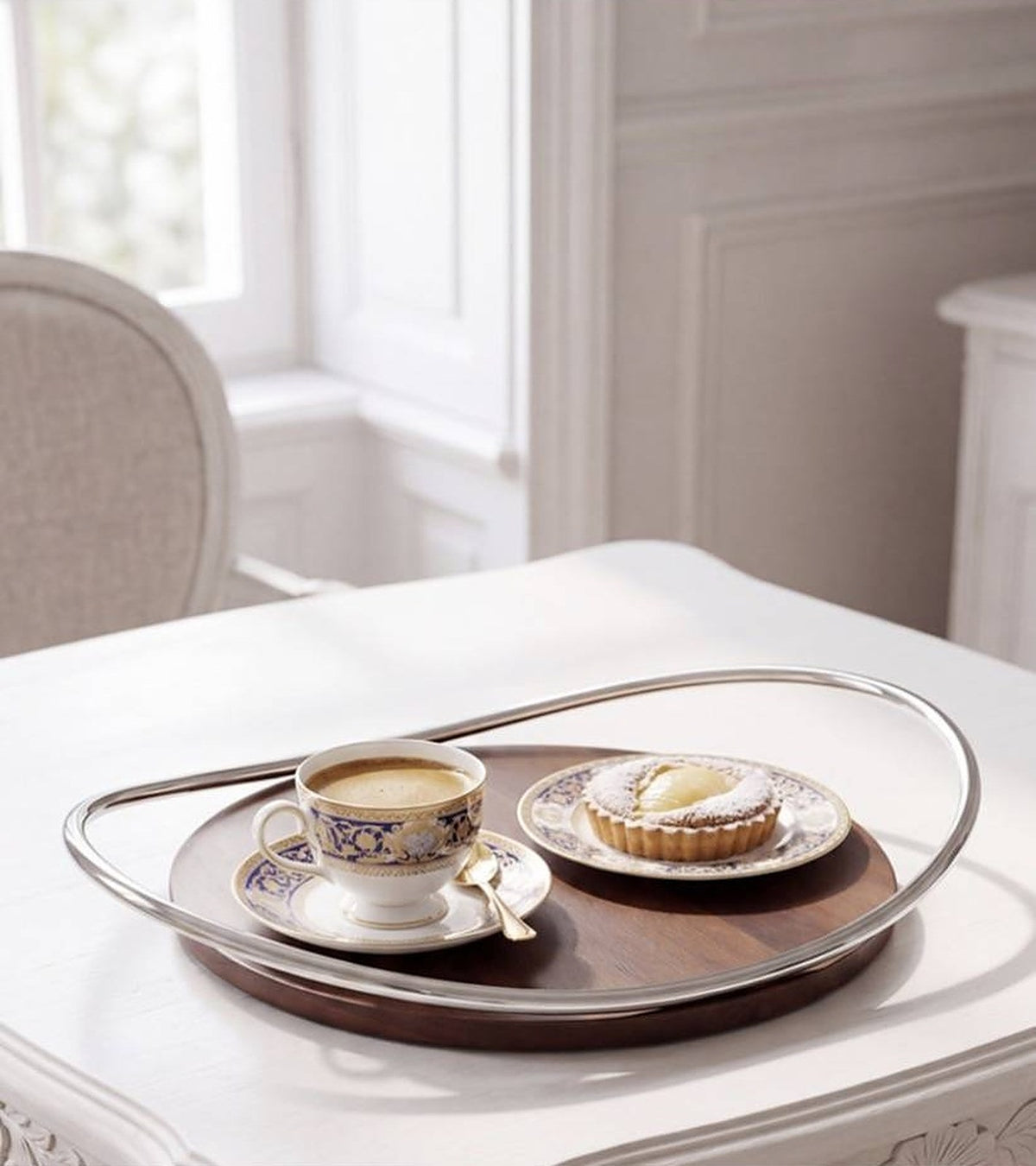 LUXMOOD Hygge Walnut & Stainless Steel Serving Tray – tray with espresso and tart by a window