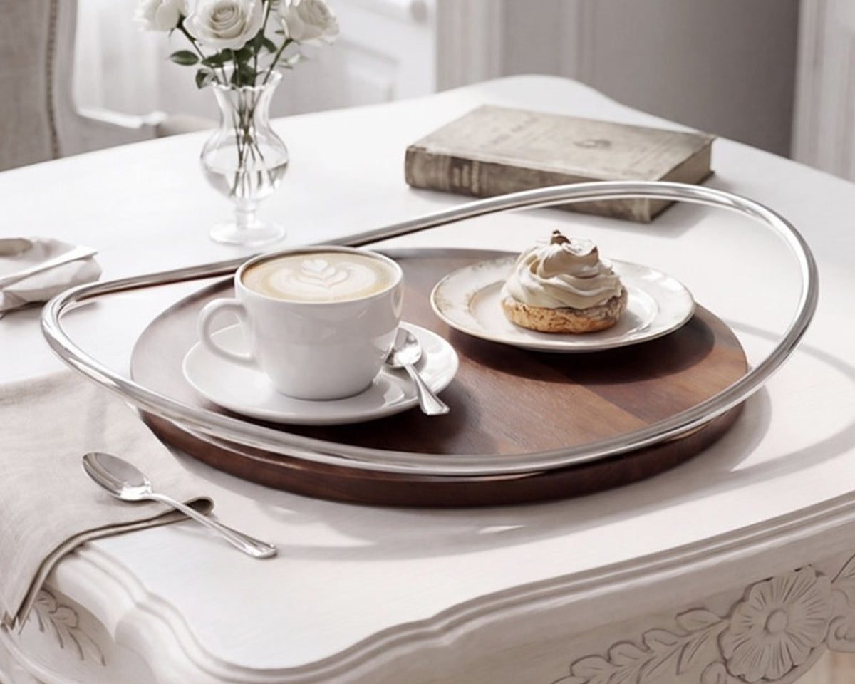 LUXMOOD Hygge Walnut & Stainless Steel Serving Tray – tray with latte and cream pastry on a carved white table