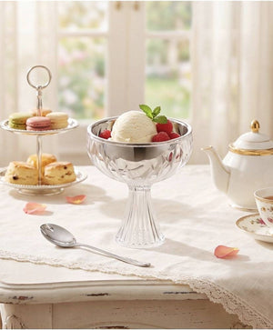 LUXMOOD Light Dessert & Ice Cream Cup with Spoon – clear cup with ice cream and raspberries, spoon on linen