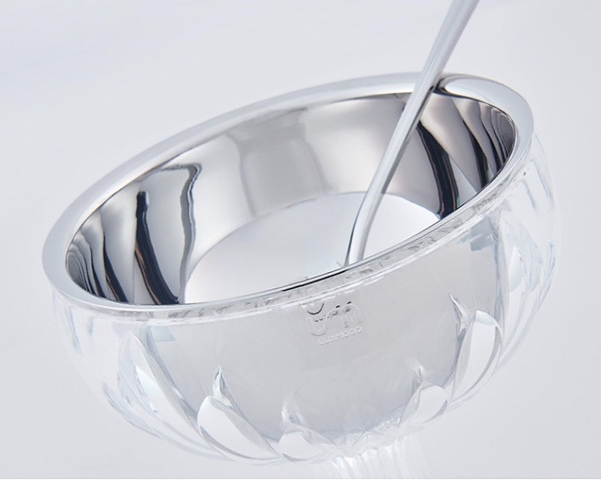 LUXMOOD Light Dessert & Ice Cream Cup with Spoon – close-up of mirror steel bowl inside clear acrylic shell