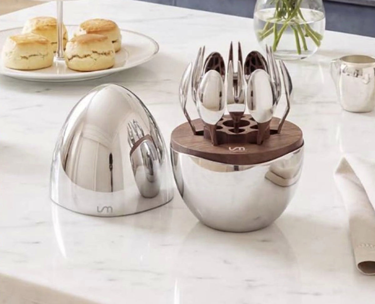 LUXMOOD Magic Egg Dessert Spoon & Fork Set – 12 Pieces, Moonlight Silver – on an afternoon tea table