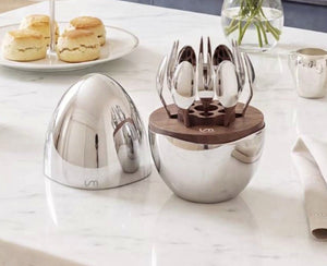 LUXMOOD Magic Egg Dessert Spoon & Fork Set – 12 Pieces, Moonlight Silver – on an afternoon tea table