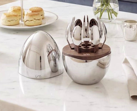 LUXMOOD Magic Egg Dessert Spoon & Fork Set – 12 Pieces, Moonlight Silver – on an afternoon tea table
